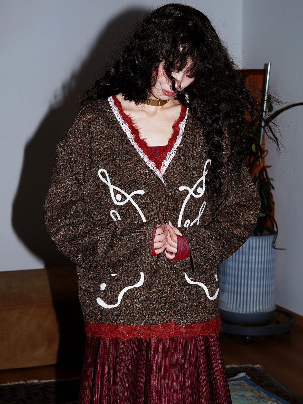 badtaste Retro Western Colorblock Patchwork Lace Embroidered Loose Women's Knit Cardigans