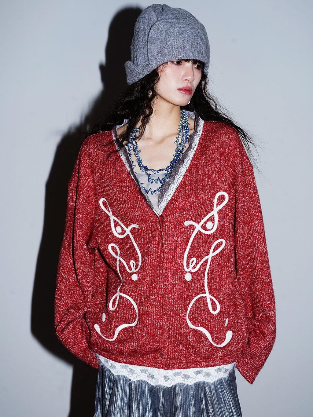 badtaste Retro Western Colorblock Patchwork Lace Embroidered Loose Women's Knit Cardigans