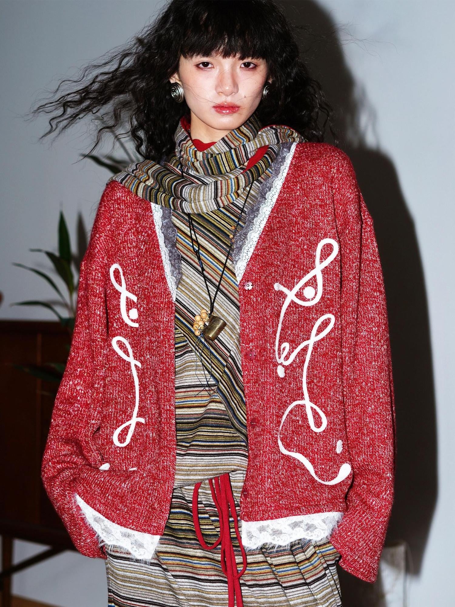 badtaste Retro Western Colorblock Patchwork Lace Embroidered Loose Women's Knit Cardigans