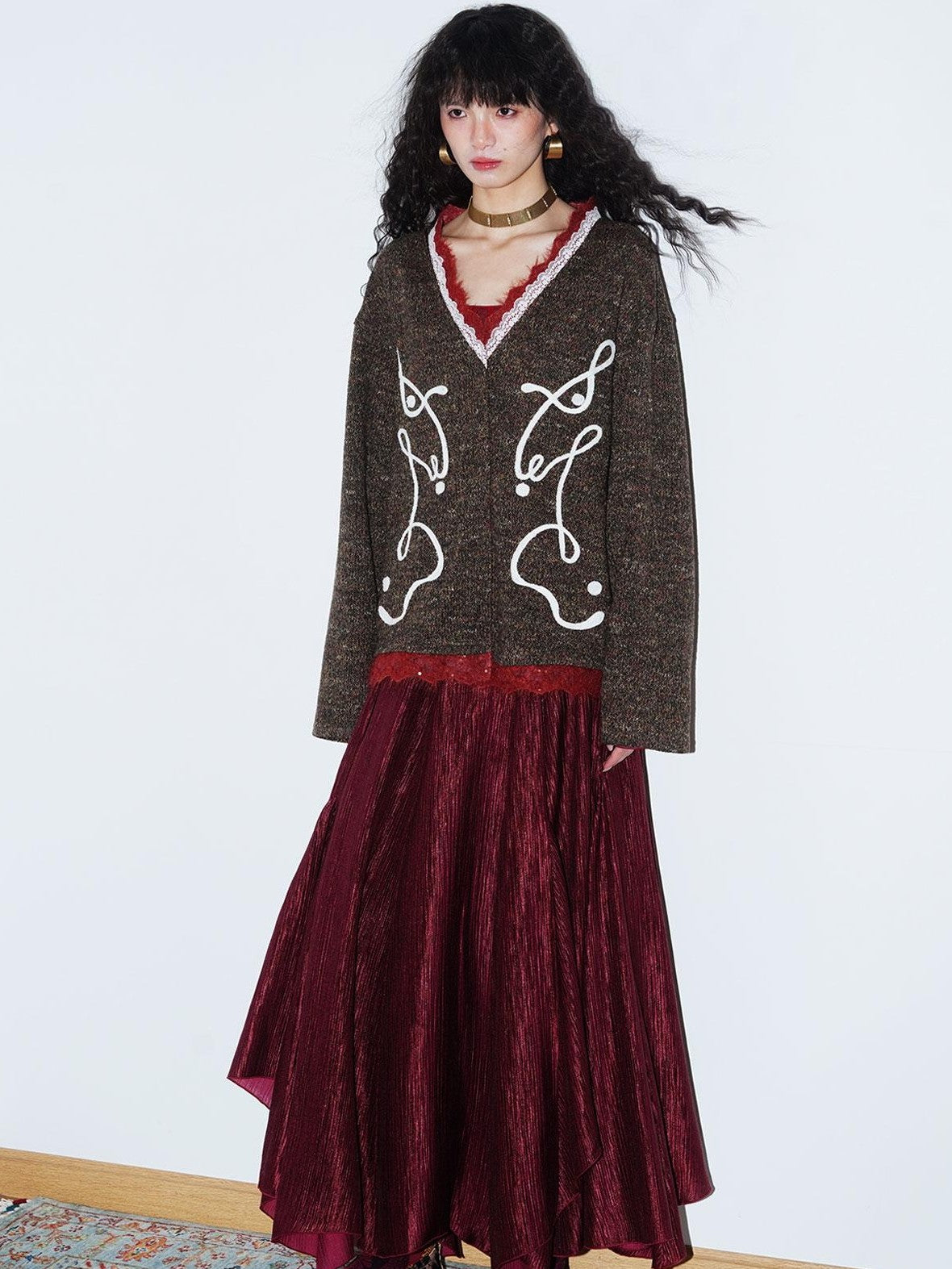badtaste Retro Western Colorblock Patchwork Lace Embroidered Loose Women's Knit Cardigans