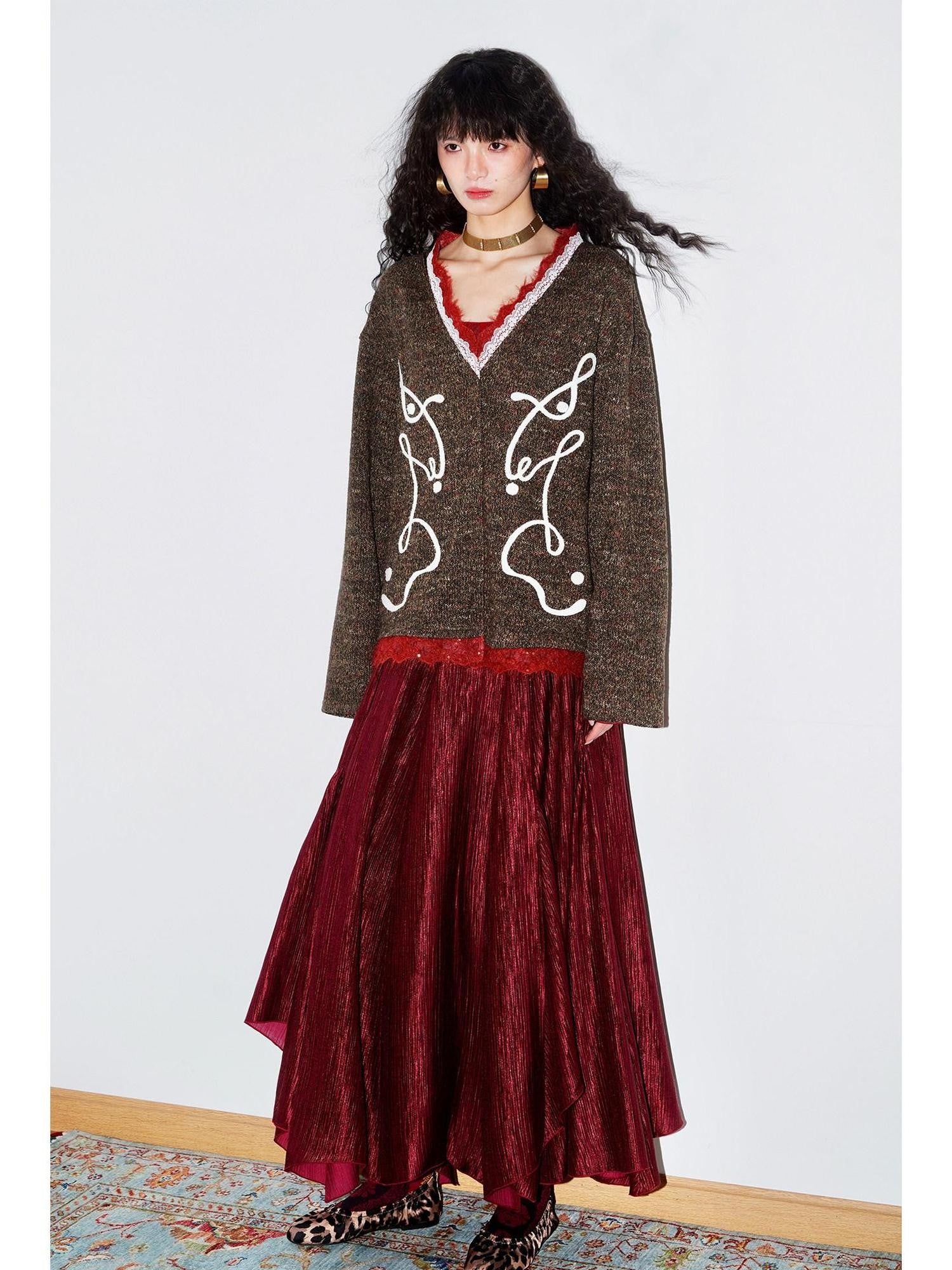 badtaste Retro Western Colorblock Patchwork Lace Embroidered Loose Women's Knit Cardigans