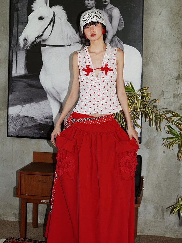 badtaste Retro Western Colorblock Polka Dot V-neck Frog Button Women's Tank Tops