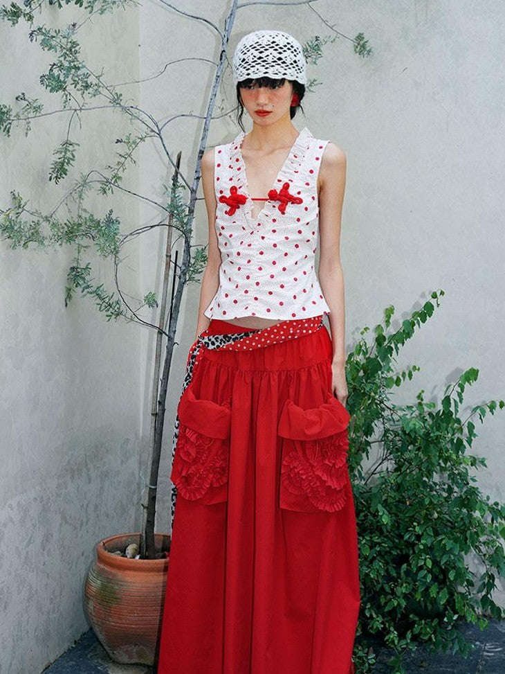 badtaste Retro Western Colorblock Polka Dot V-neck Frog Button Women's Tank Tops