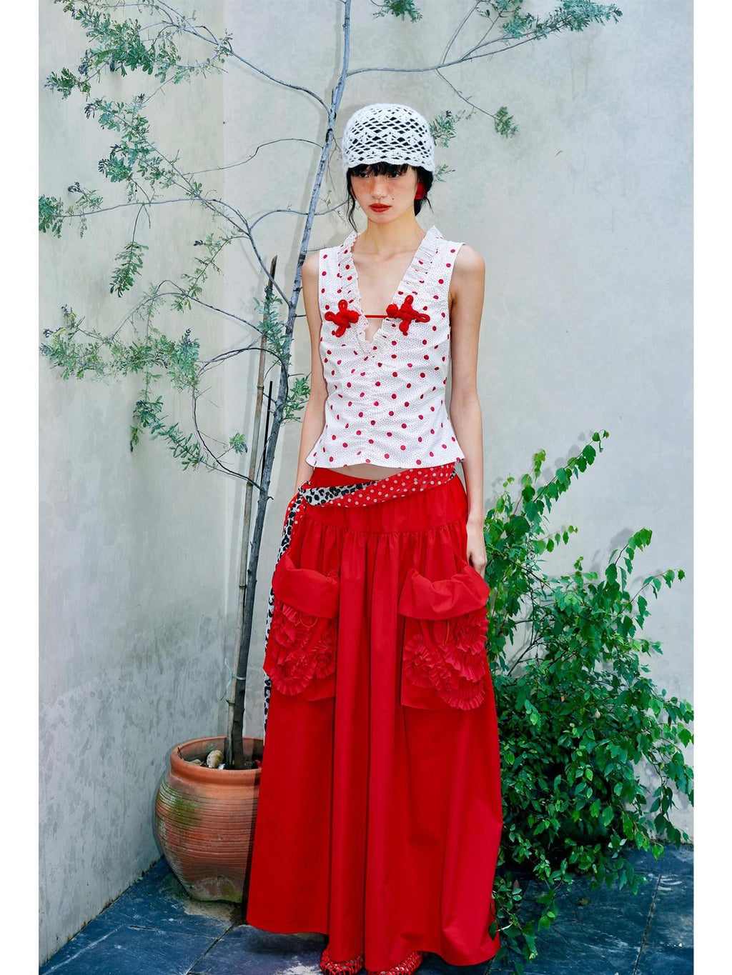 badtaste Retro Western Colorblock Polka Dot V-neck Frog Button Women's Tank Tops