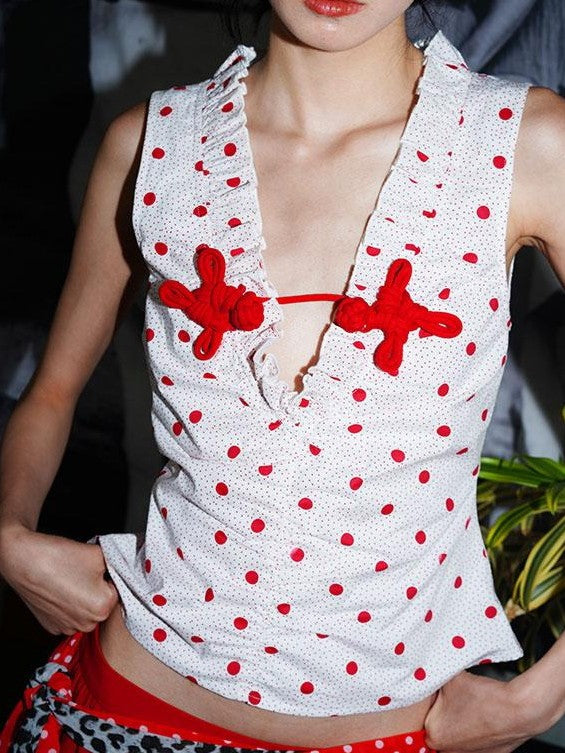badtaste Retro Western Colorblock Polka Dot V-neck Frog Button Women's Tank Tops