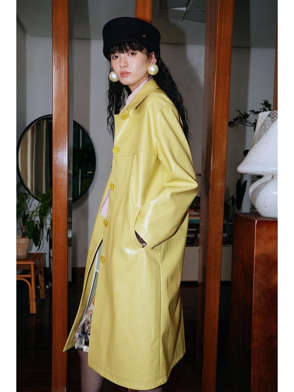 badtaste Retro Western Solid Color Split Panel Design Women's Leather Style Trench Coats