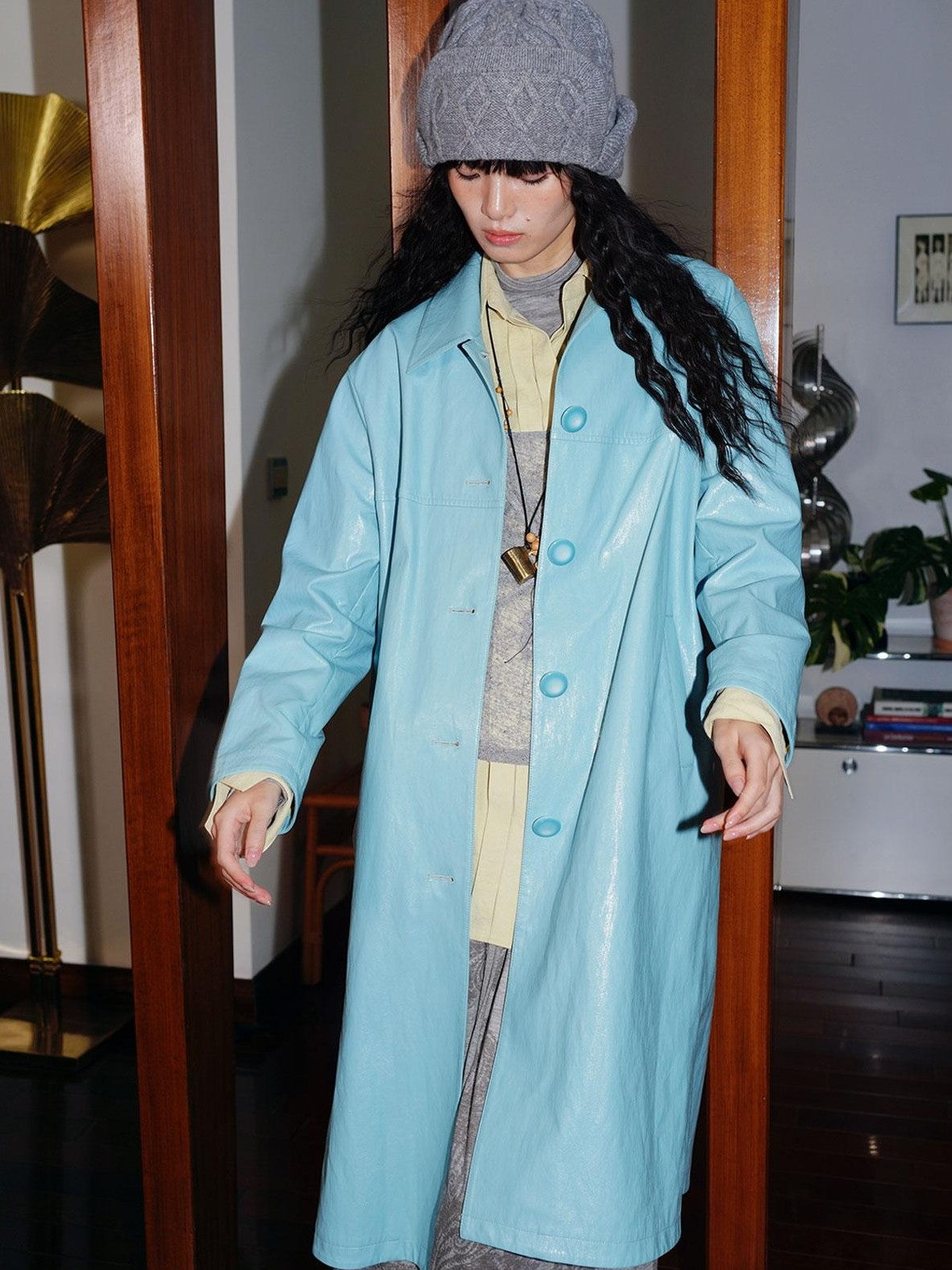 badtaste Retro Western Solid Color Split Panel Design Women's Leather Style Trench Coats