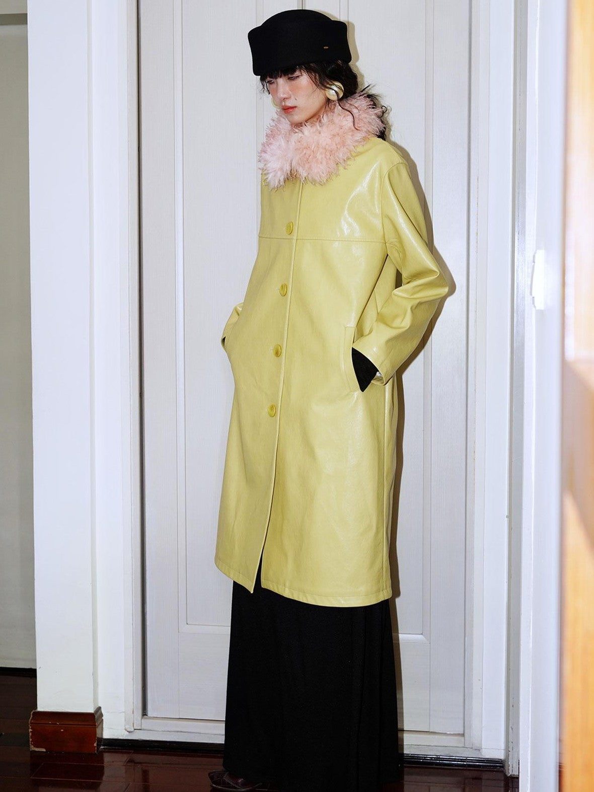badtaste Retro Western Solid Color Split Panel Design Women's Leather Style Trench Coats