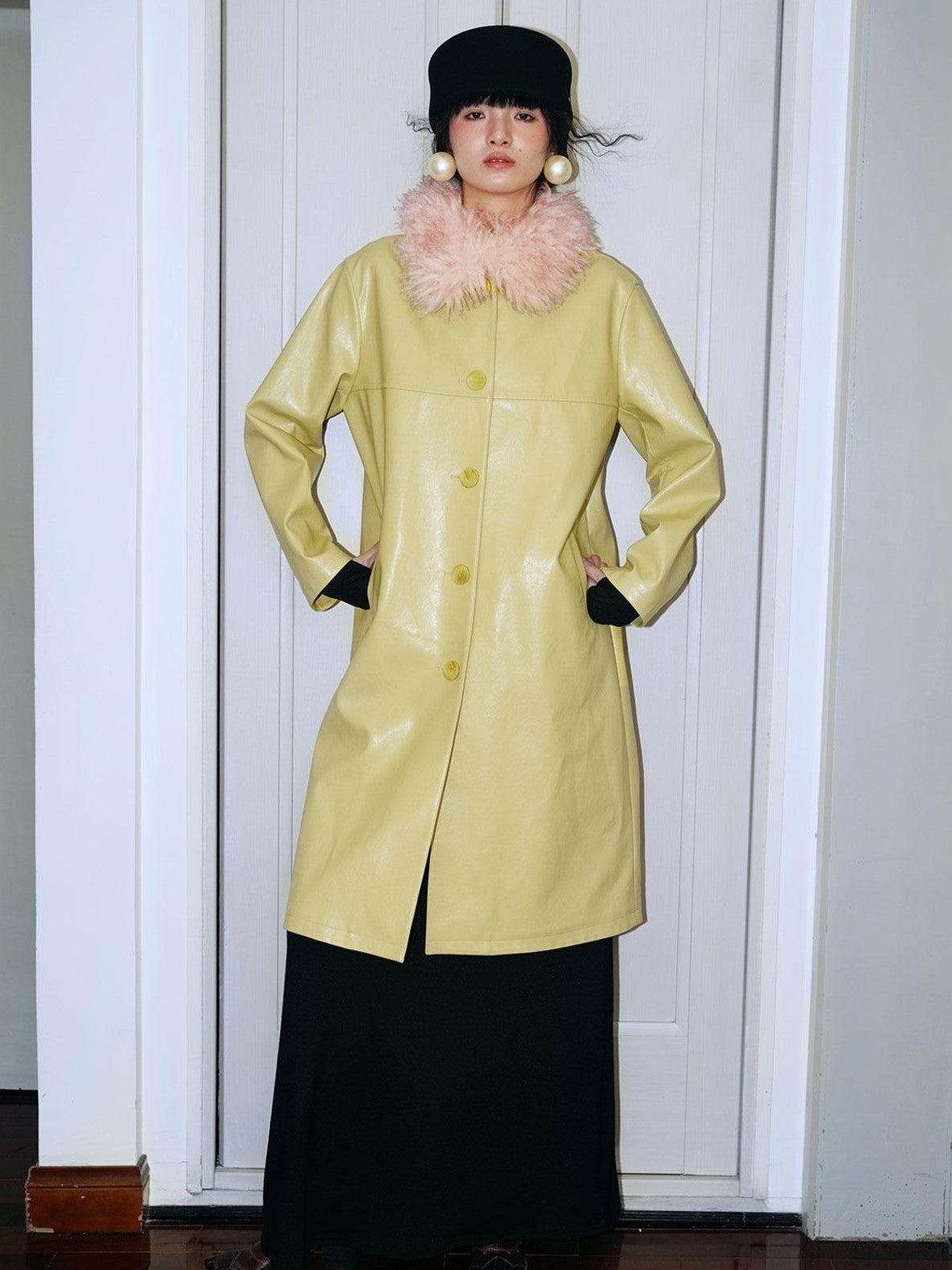 badtaste Retro Western Solid Color Split Panel Design Women's Leather Style Trench Coats