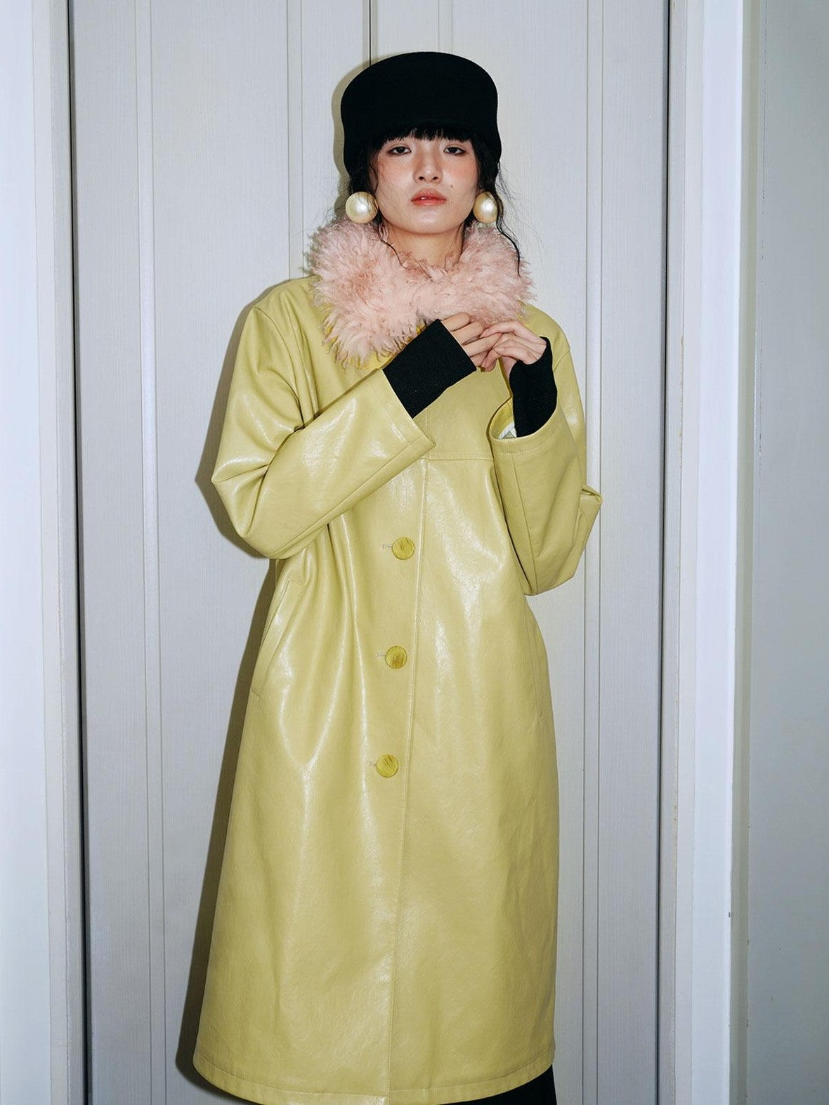 badtaste Retro Western Solid Color Split Panel Design Women's Leather Style Trench Coats