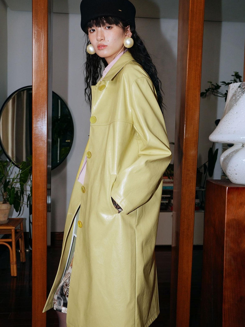 badtaste Retro Western Solid Color Split Panel Design Women's Leather Style Trench Coats