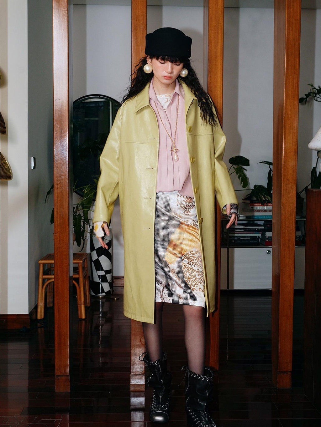 badtaste Retro Western Solid Color Split Panel Design Women's Leather Style Trench Coats