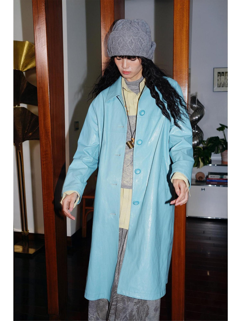 badtaste Retro Western Solid Color Split Panel Design Women's Leather Style Trench Coats