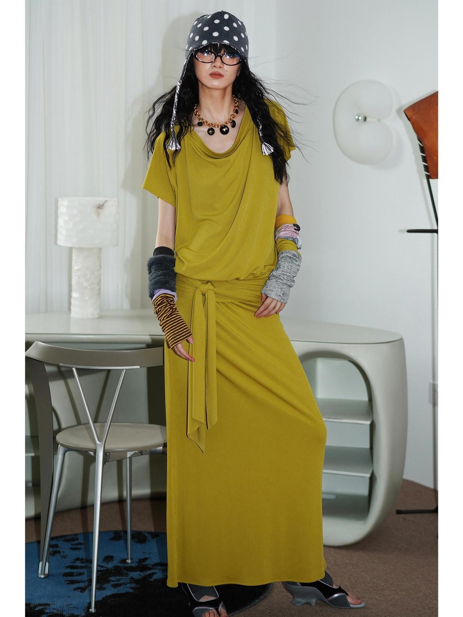 badtaste Rose Pink Vintage Solid Lapel Tie Oversized Women's Casual Maxi Dresses
