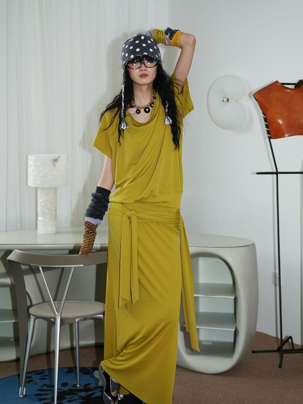 badtaste Rose Pink Vintage Solid Lapel Tie Oversized Women's Casual Maxi Dresses