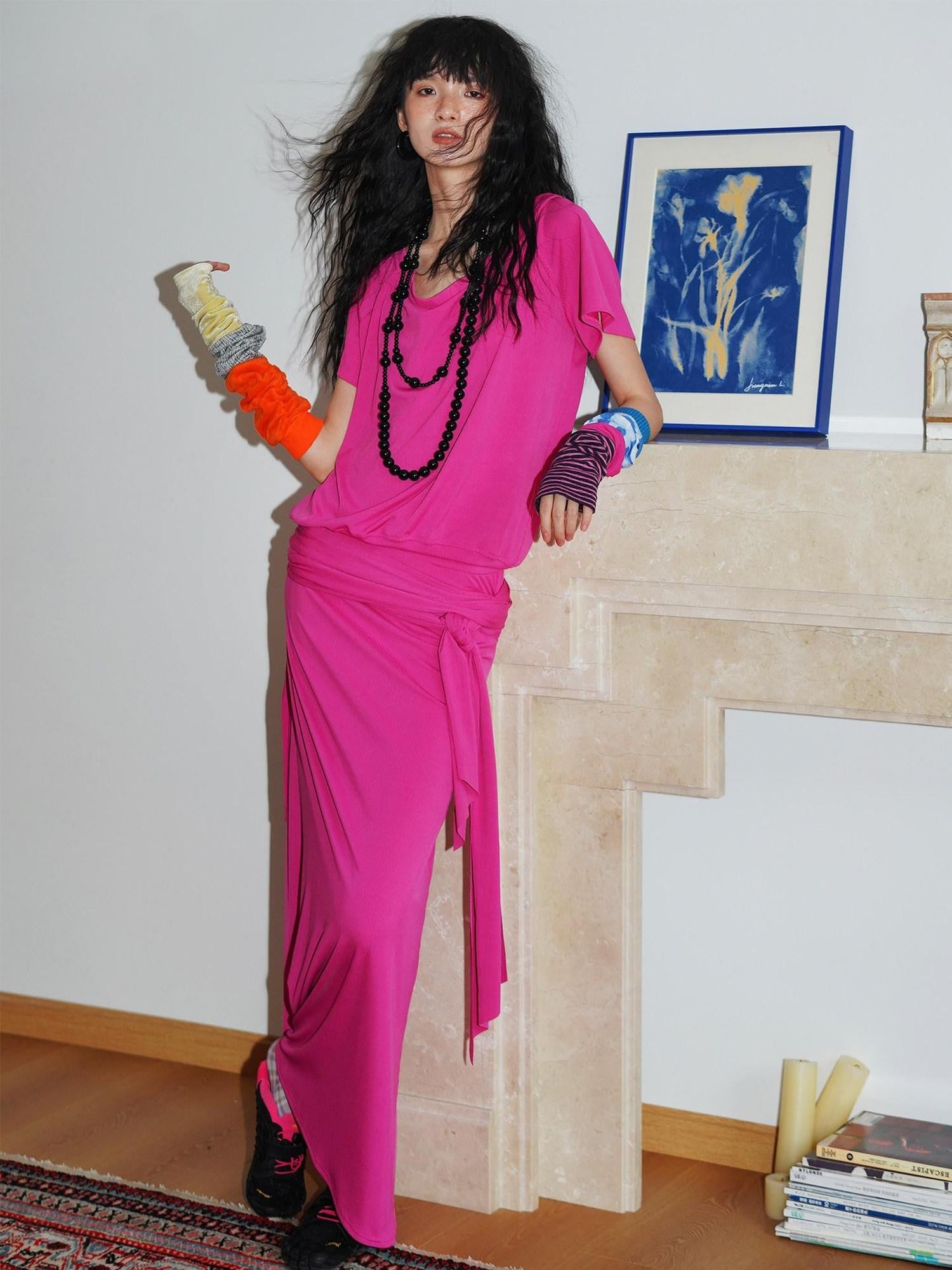 badtaste Rose Pink Vintage Solid Lapel Tie Oversized Women's Casual Maxi Dresses