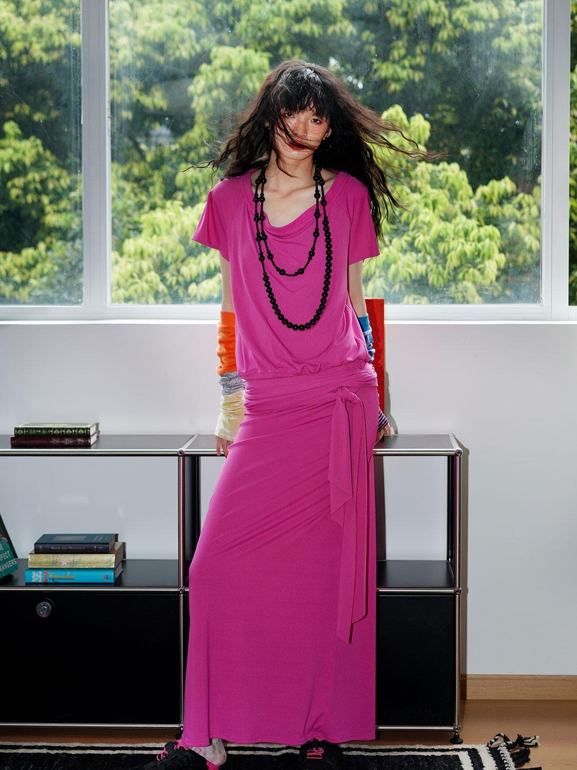 badtaste Rose Pink Vintage Solid Lapel Tie Oversized Women's Casual Maxi Dresses