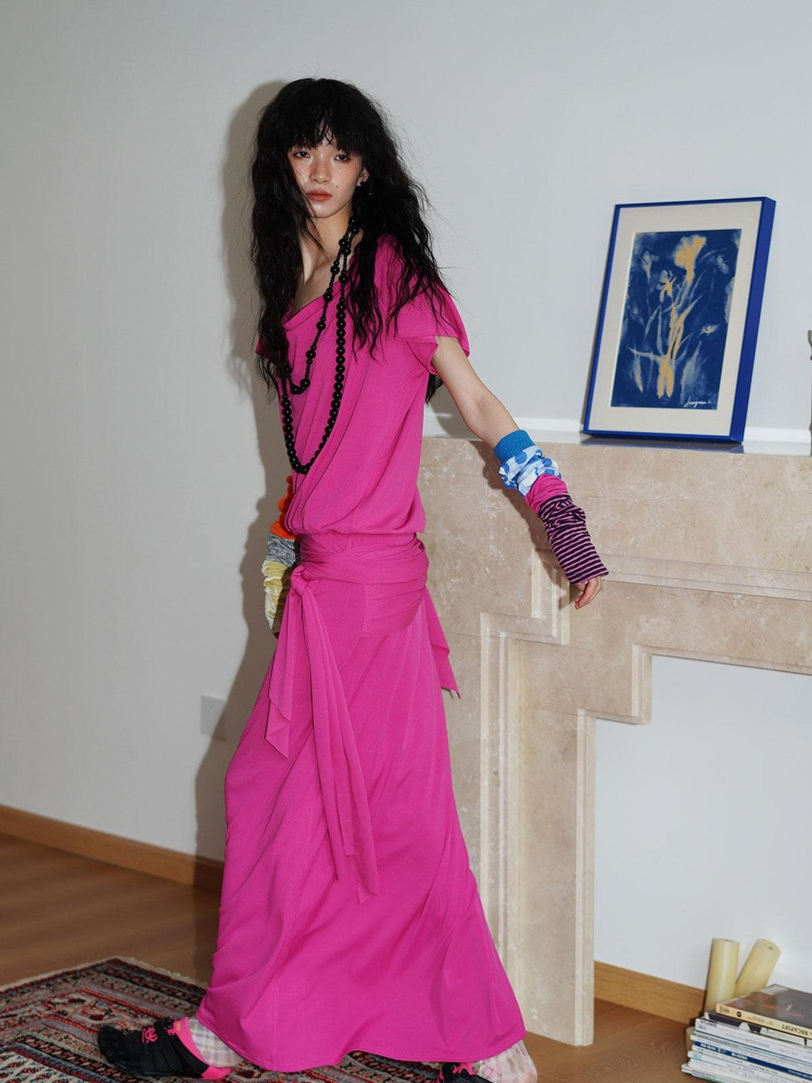 badtaste Rose Pink Vintage Solid Lapel Tie Oversized Women's Casual Maxi Dresses