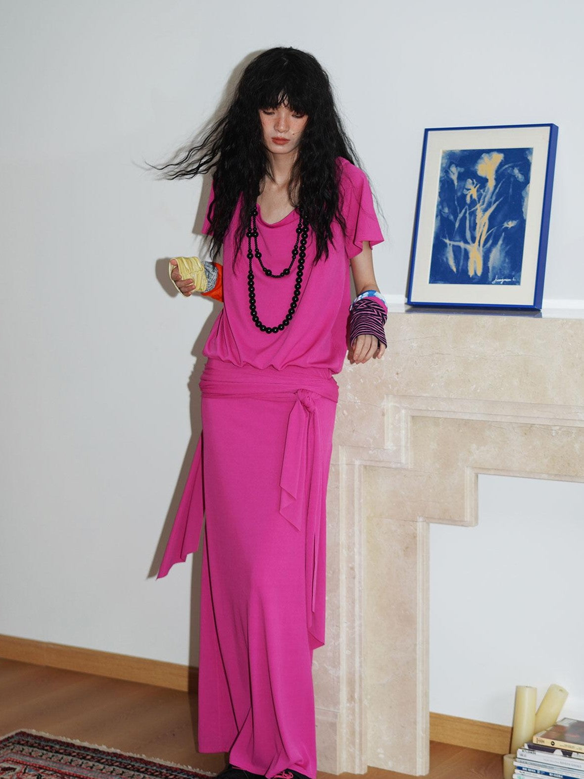 badtaste Rose Pink Vintage Solid Lapel Tie Oversized Women's Casual Maxi Dresses