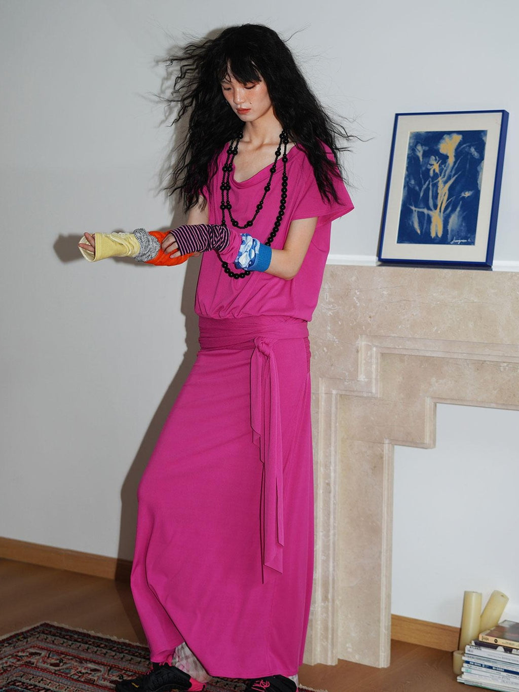 badtaste Rose Pink Vintage Solid Lapel Tie Oversized Women's Casual Maxi Dresses