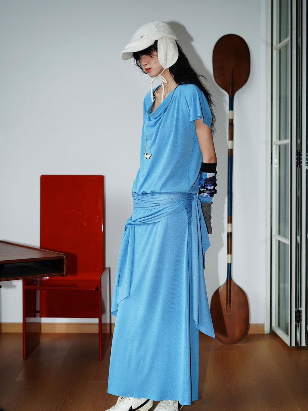 badtaste Rose Pink Vintage Solid Lapel Tie Oversized Women's Casual Maxi Dresses