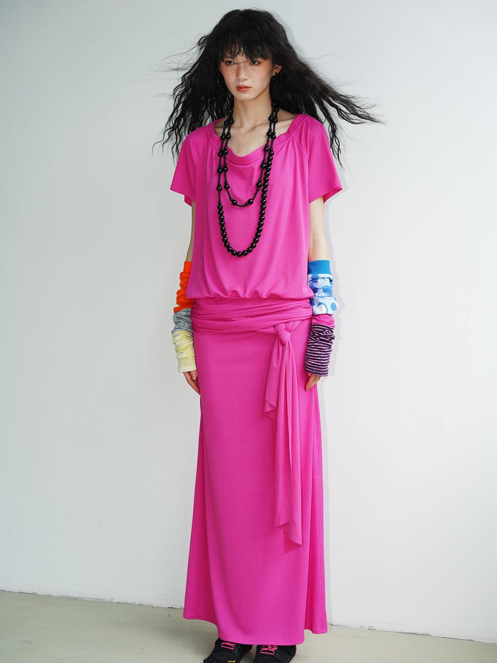 badtaste Rose Pink Vintage Solid Lapel Tie Oversized Women's Casual Maxi Dresses