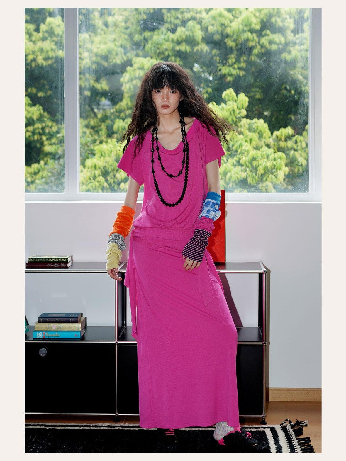 badtaste Rose Pink Vintage Solid Lapel Tie Oversized Women's Casual Maxi Dresses