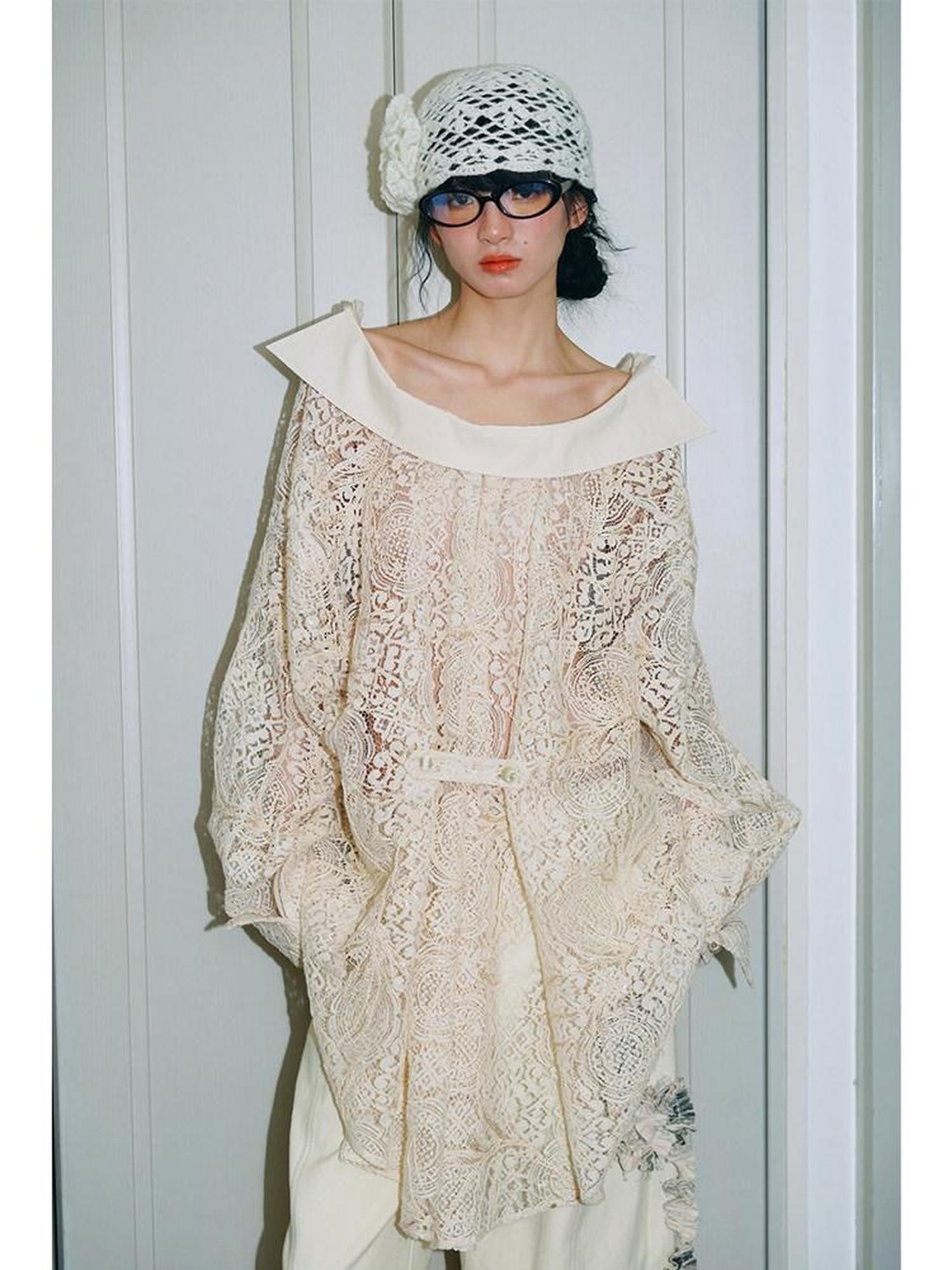 badtaste Semi Sheer Reversible Vintage Boho Loose Fit Long Sleeve Women's Lace Blouses