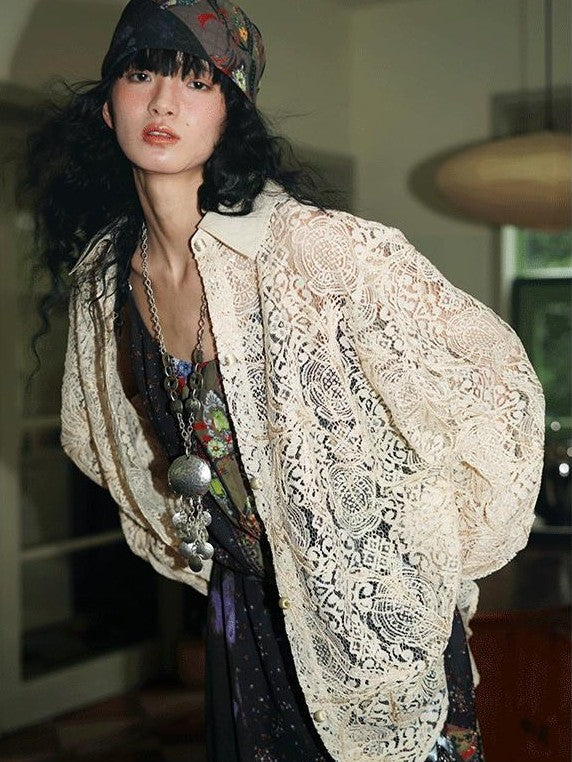 badtaste Semi Sheer Reversible Vintage Boho Loose Fit Long Sleeve Women's Lace Blouses