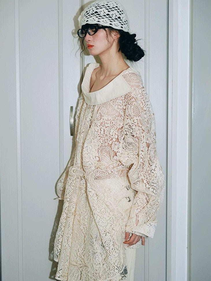 badtaste Semi Sheer Reversible Vintage Boho Loose Fit Long Sleeve Women's Lace Blouses