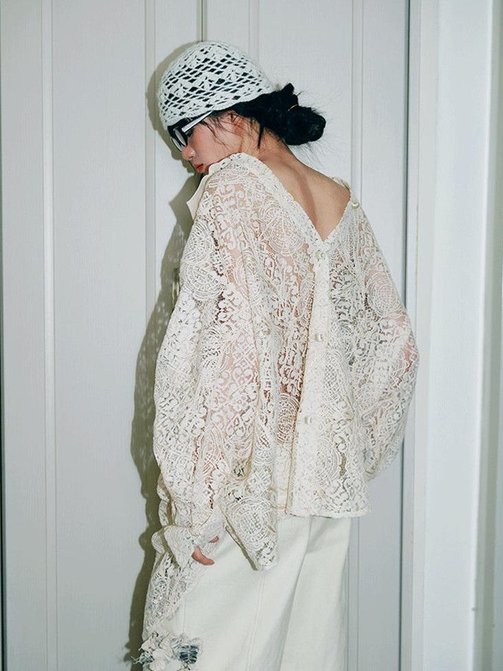 badtaste Semi Sheer Reversible Vintage Boho Loose Fit Long Sleeve Women's Lace Blouses
