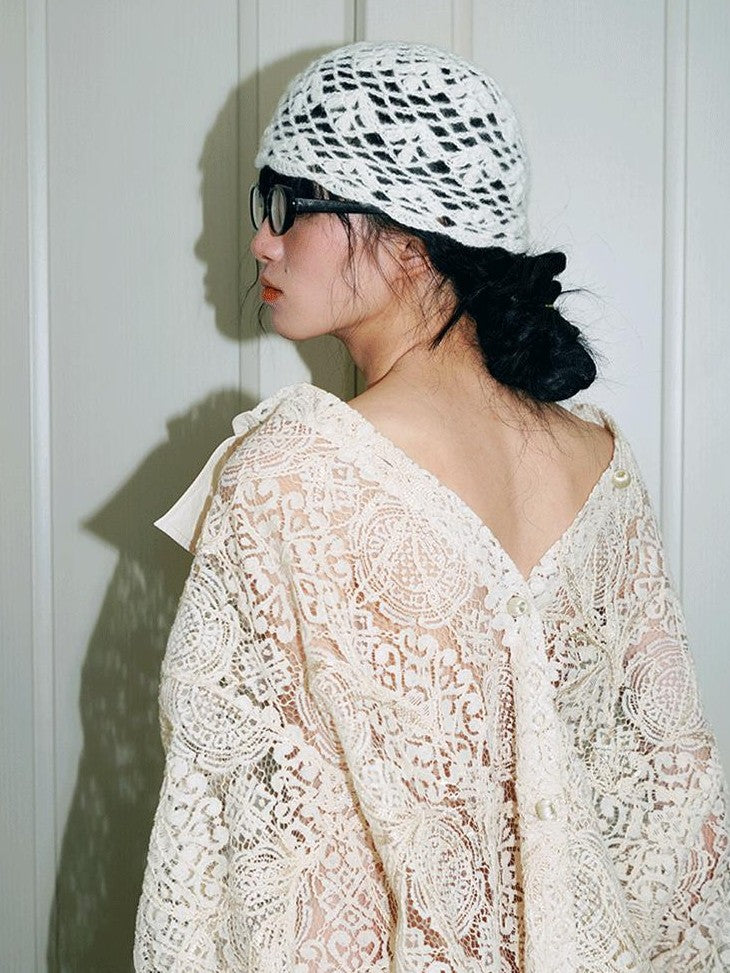 badtaste Semi Sheer Reversible Vintage Boho Loose Fit Long Sleeve Women's Lace Blouses