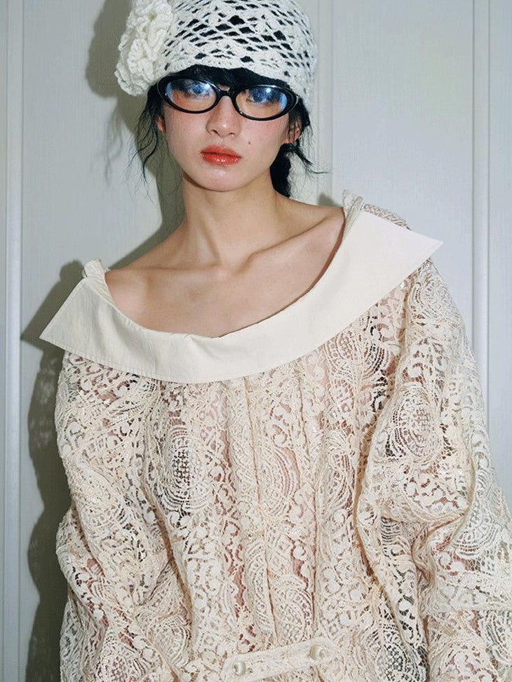 badtaste Semi Sheer Reversible Vintage Boho Loose Fit Long Sleeve Women's Lace Blouses