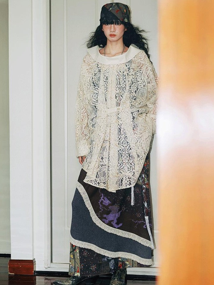 badtaste Semi Sheer Reversible Vintage Boho Loose Fit Long Sleeve Women's Lace Blouses