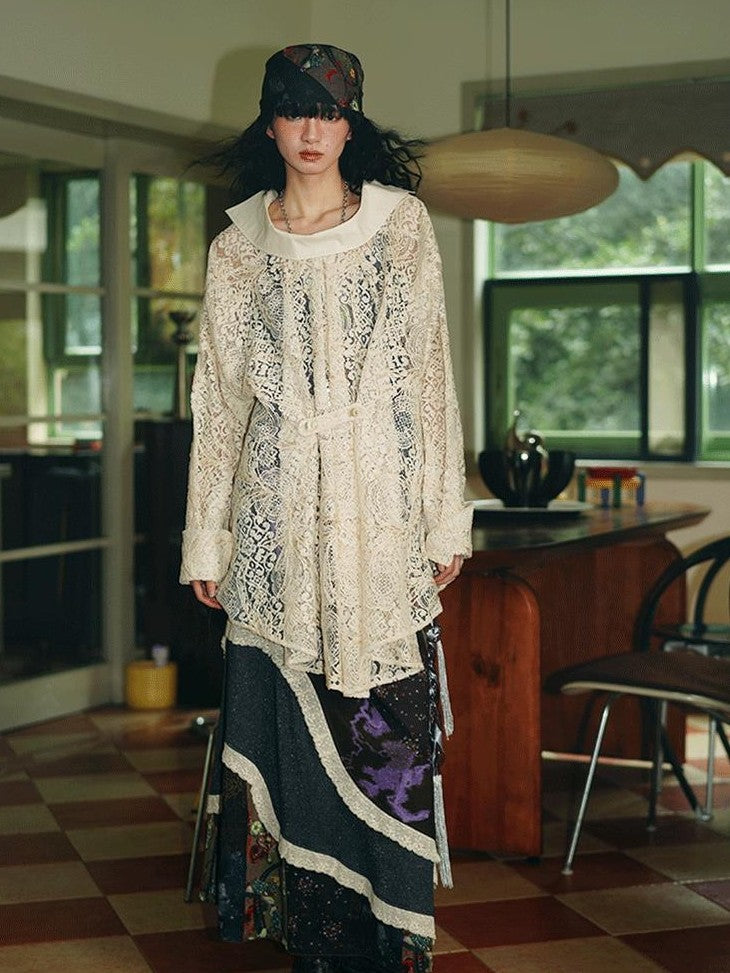 badtaste Semi Sheer Reversible Vintage Boho Loose Fit Long Sleeve Women's Lace Blouses