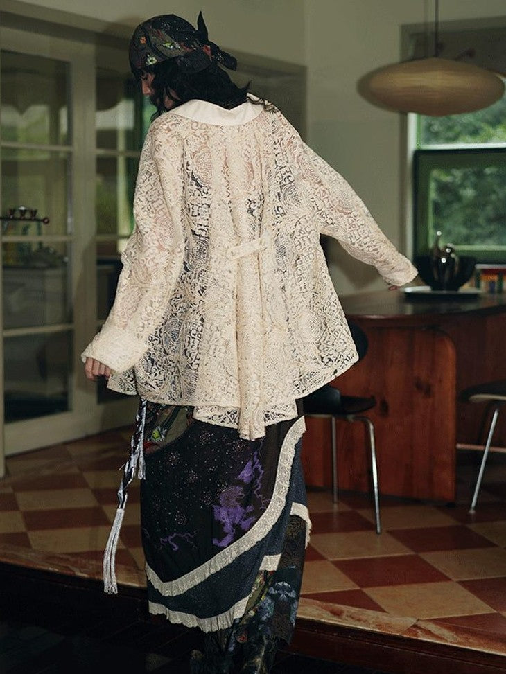 badtaste Semi Sheer Reversible Vintage Boho Loose Fit Long Sleeve Women's Lace Blouses