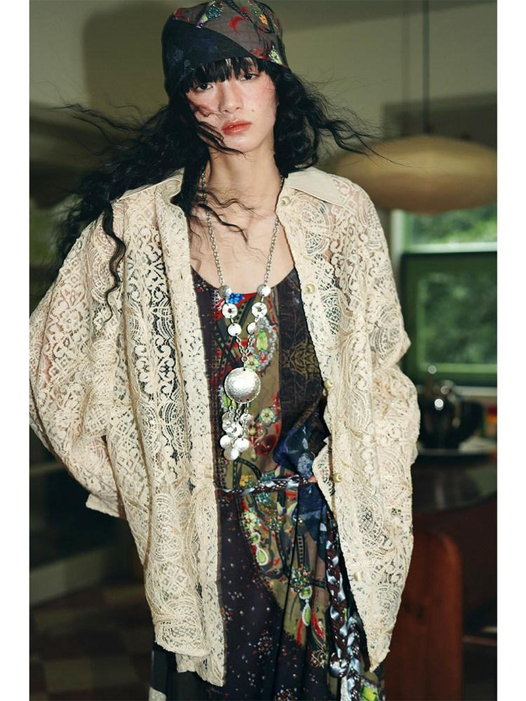 badtaste Semi Sheer Reversible Vintage Boho Loose Fit Long Sleeve Women's Lace Blouses