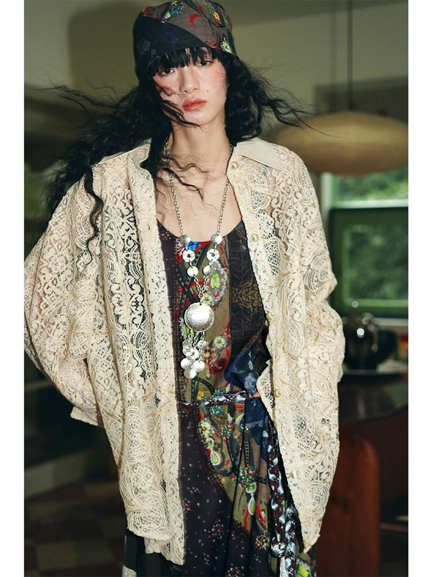 badtaste Semi Sheer Reversible Vintage Boho Loose Fit Long Sleeve Women's Lace Blouses