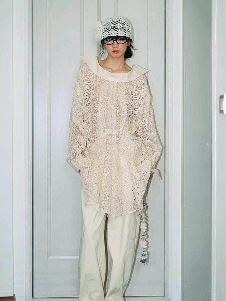 badtaste Semi Sheer Reversible Vintage Boho Loose Fit Long Sleeve Women's Lace Blouses