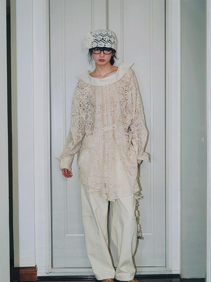 badtaste Semi Sheer Reversible Vintage Boho Loose Fit Long Sleeve Women's Lace Blouses