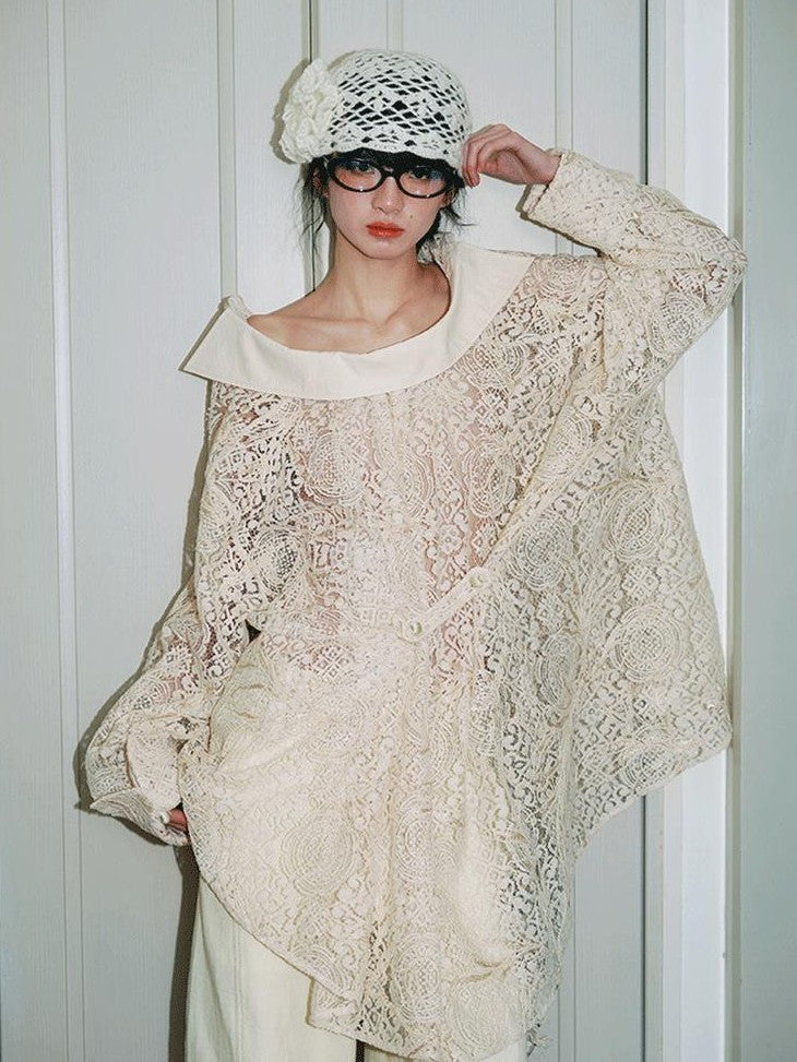 badtaste Semi Sheer Reversible Vintage Boho Loose Fit Long Sleeve Women's Lace Blouses