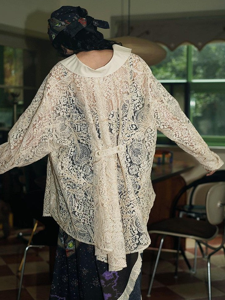 badtaste Semi Sheer Reversible Vintage Boho Loose Fit Long Sleeve Women's Lace Blouses