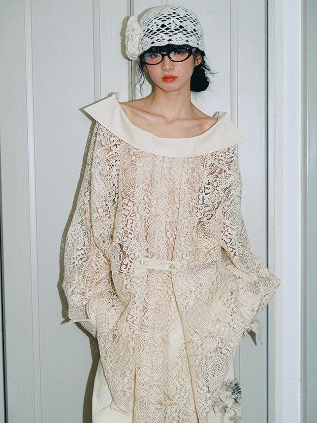 badtaste Semi Sheer Reversible Vintage Boho Loose Fit Long Sleeve Women's Lace Blouses
