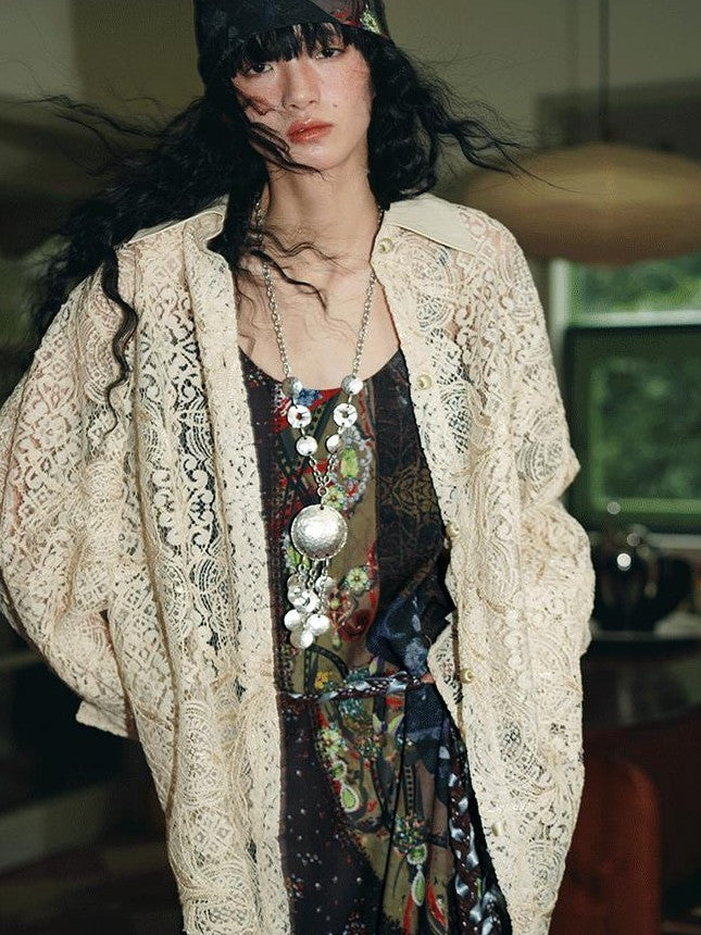 badtaste Semi Sheer Reversible Vintage Boho Loose Fit Long Sleeve Women's Lace Blouses