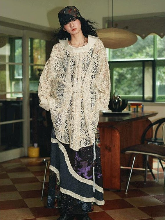 badtaste Semi Sheer Reversible Vintage Boho Loose Fit Long Sleeve Women's Lace Blouses