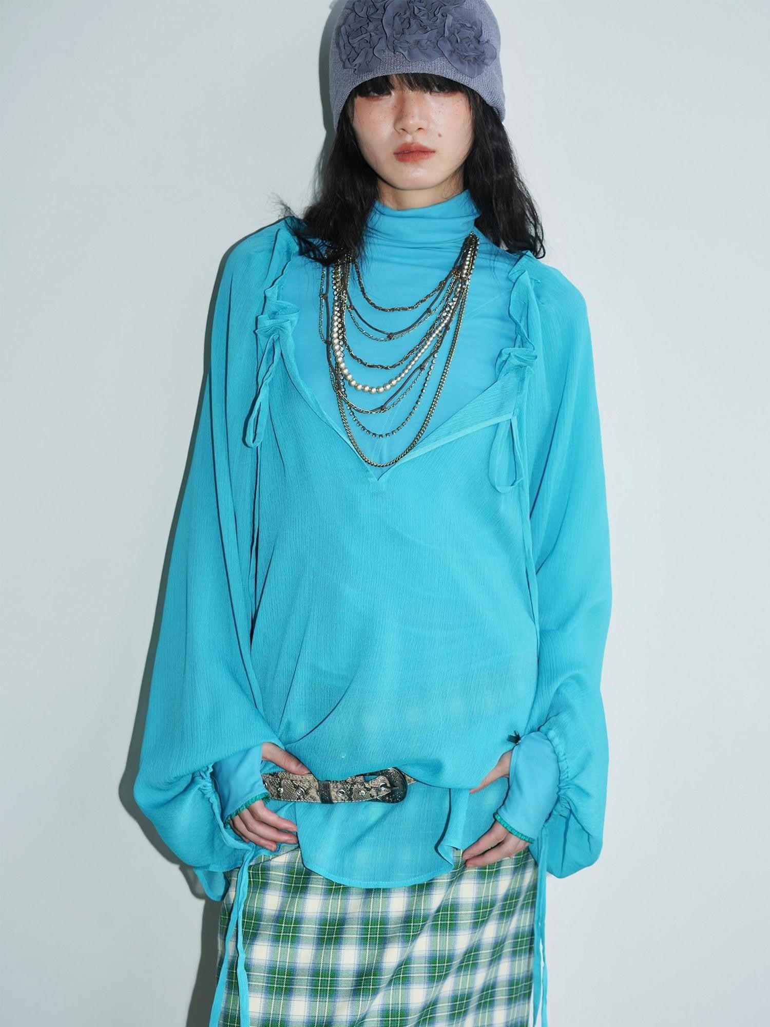 badtaste Semi Sheer Textured Drawstring Multiway Loose Women's Long Sleeve Rash Guards