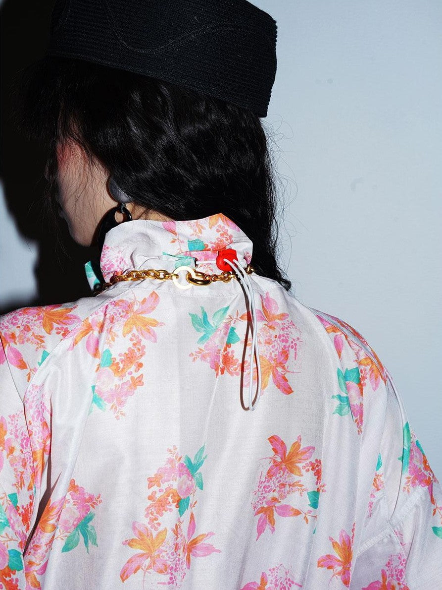 Sheer Floral Print Adjustable Drawstring Hem Women's Lightweight Jackets