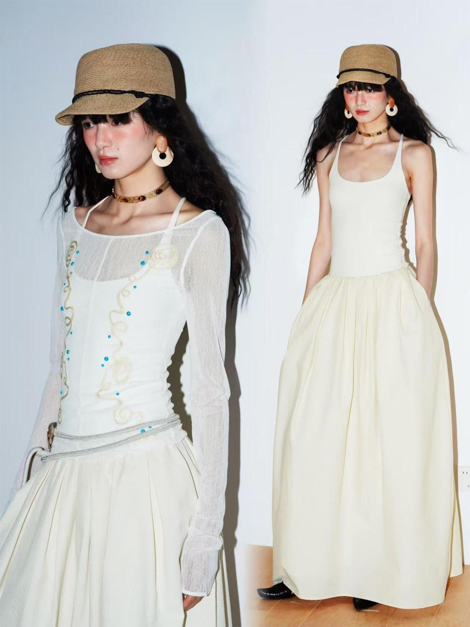 badtaste Sheer Ornate Embroidered Rhinestone Women's Other Fabric Slip Maxi Dresses
