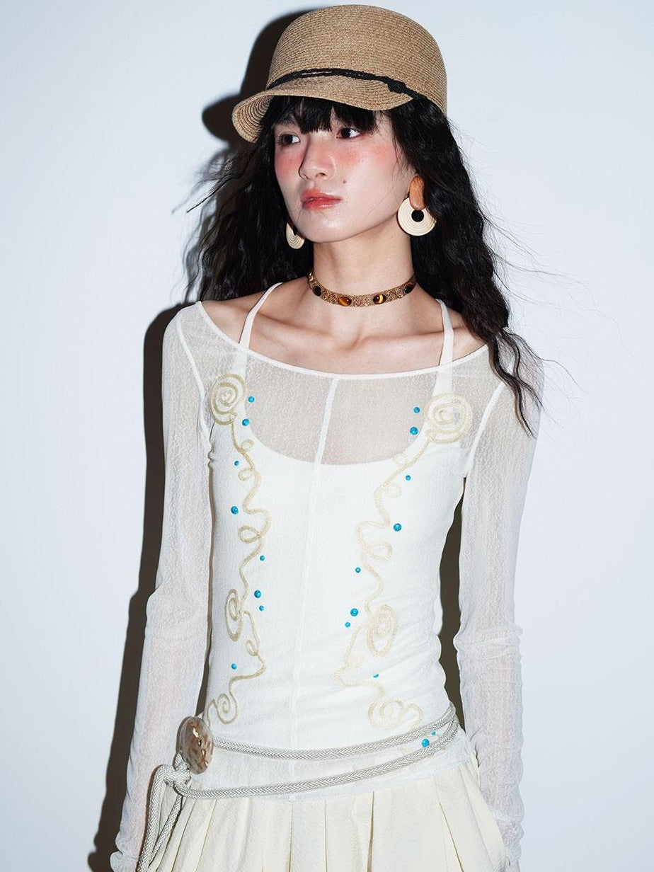 badtaste Sheer Ornate Embroidered Rhinestone Women's Other Fabric Slip Maxi Dresses