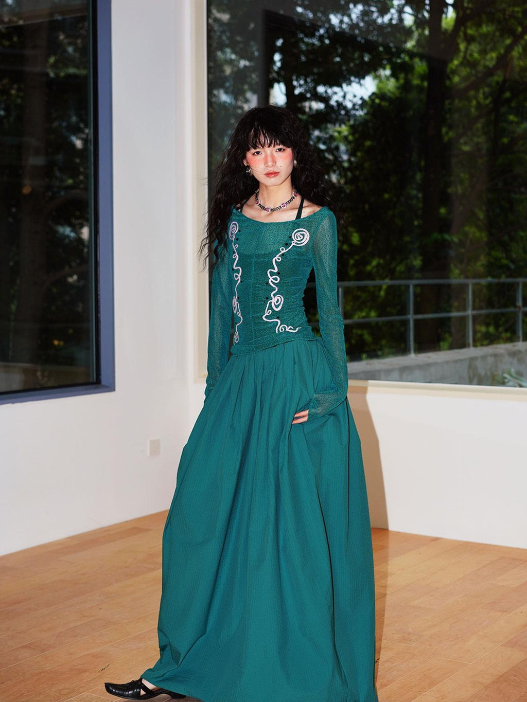 badtaste Sheer Ornate Embroidered Rhinestone Women's Other Fabric Slip Maxi Dresses